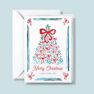 Whimsical Charming Vintage Christmas Tree Red Bows Holiday Card