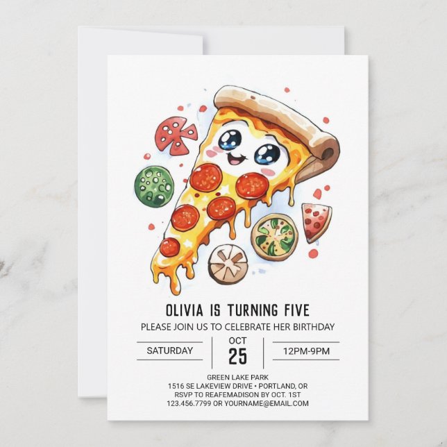  Whimsical Cheese Pizza Birthday Invitation (Front)