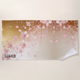 Whimsical Cherry Blossom Blizzard on Golden Beach Towel