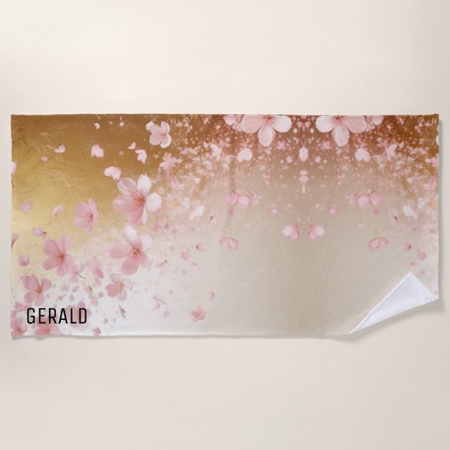 Whimsical Cherry Blossom Blizzard on Golden Beach Towel (Front)