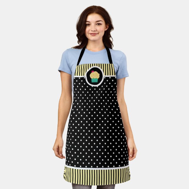 Whimsical Cherry Cupcake Baker Polka Dot Stripe Apron (Worn)