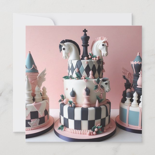 WHIMSICAL CHESS THEMED BIRTHDAY CAKE CARD (Front)