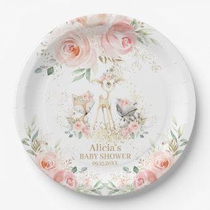 Whimsical Chic Blush Pink Floral Woodland Animals Paper Plate