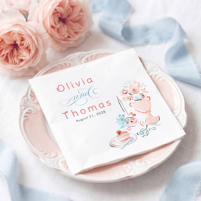 Whimsical Chic Elegant Hand Drawn Wedding Napkin (Dusty Blue and Pink Whimsical Hand-illustrated Doodles Napkins for Wedding Reception)
