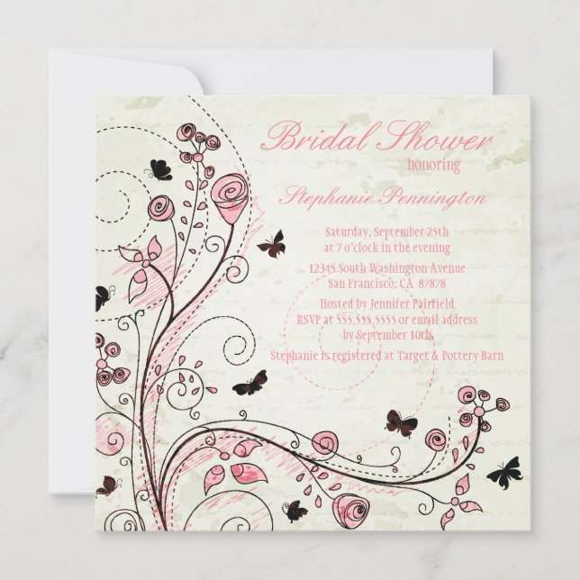 Whimsical chic floral swirls bridal shower invite (Front)