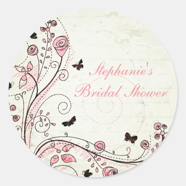 Whimsical chic floral swirls bridal shower sticker (Front)