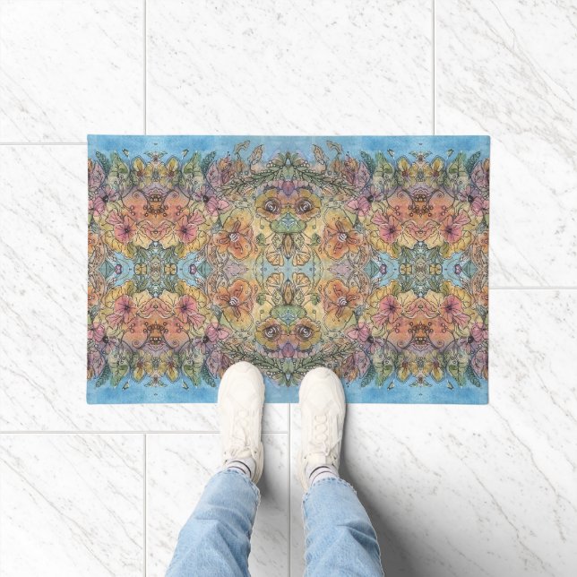 Whimsical Chic Flower Garden Watercolor Painting  Doormat (Indoor)