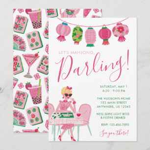 Whimsical Chic Pink & Green Mahjong Party Invitation