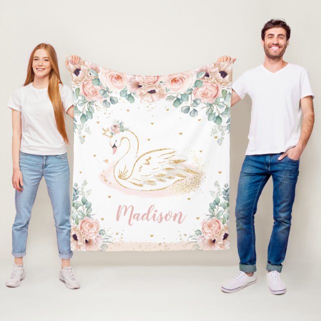 Whimsical Chic Swan Princess Blush Peach Floral Fleece Blanket (In Situ)