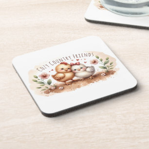 Whimsical Chick Duo Cottagecore Watercolor Coaster