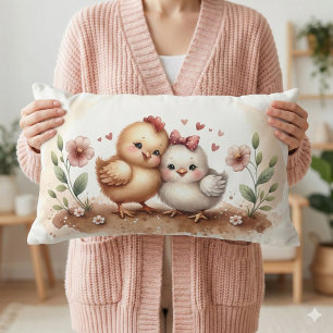 Whimsical Chick Duo Cottagecore Watercolor Lumbar Pillow