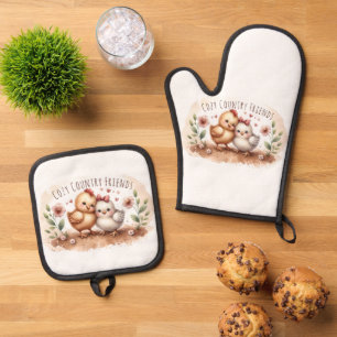 Whimsical Chick Duo Cottagecore Watercolor Oven Mitt & Pot Holder Set