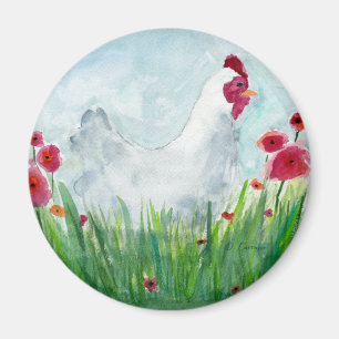 Whimsical Chicken and Flowers Magnet