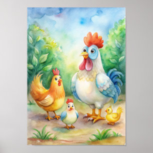 Whimsical Chicken Watercolor Poster