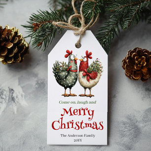 Whimsical chickens gift tag funny holiday design