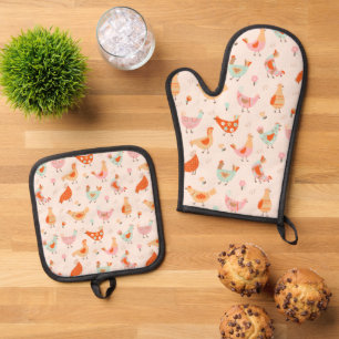 Whimsical Chickens Hens Colourful Bird Pattern Oven Mitt & Pot Holder Set