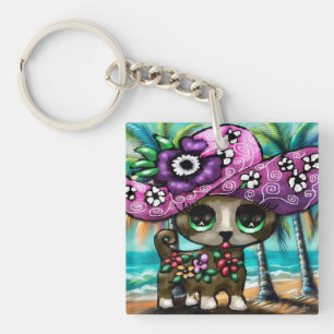 Whimsical Chihuahua Dog on Vacation Palm Trees Keychain