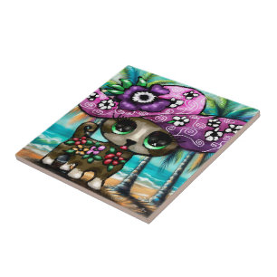 Whimsical Chihuahua Dog on Vacation Palm Trees Tile