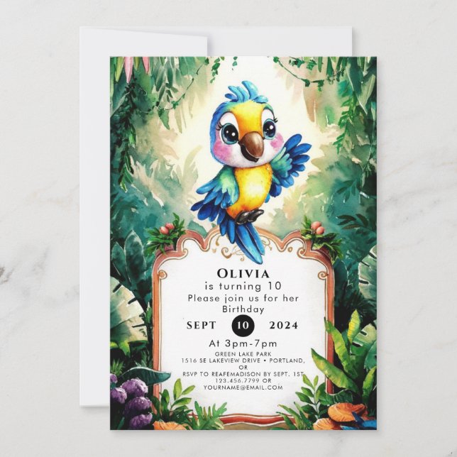 Whimsical Children Parrot Birthday Invitation (Front)