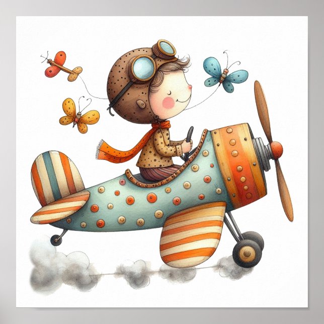 Whimsical Children's Art Child Flying Old Airplane Poster (Front)