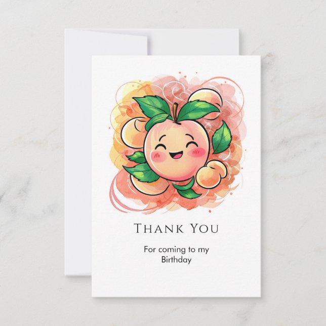 Whimsical Children's Peach Birthday Thank You Card (Front)