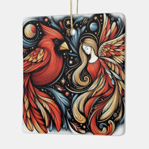 Whimsical Christmas Angel and Cardinal Ceramic Ornament