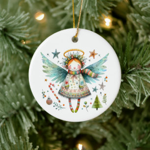 Whimsical Christmas Angel Modern Folk Art Style Ceramic Ornament