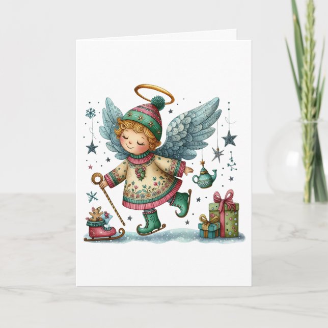 Whimsical Christmas Angel on Ice Skates Card (Front)