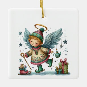 Whimsical Christmas Angel on Ice Skates Ceramic Ornament