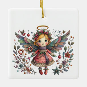 Whimsical Christmas Angel with Multi-colour Wings Ceramic Ornament