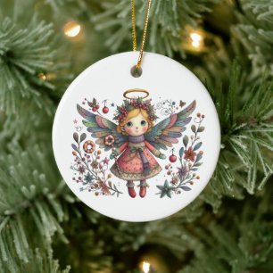 Whimsical Christmas Angel with Multi-colour Wings Ceramic Ornament