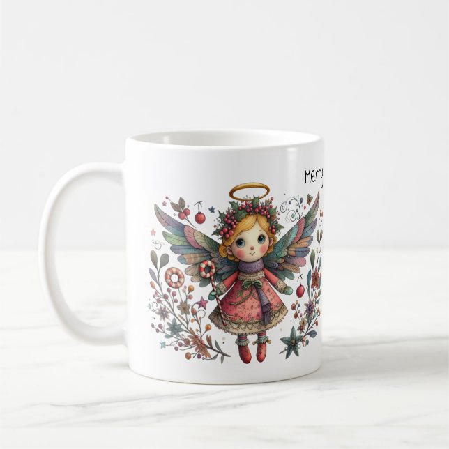 Whimsical Christmas Angel with Multi-colour Wings Coffee Mug (Left)
