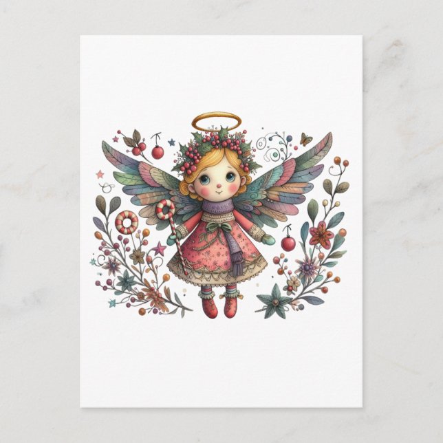  Whimsical Christmas Angel with Multi-colour Wings Postcard (Front)