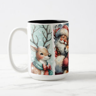 Whimsical Christmas Art – Santa, Reindeer, Tree  Two-Tone Coffee Mug