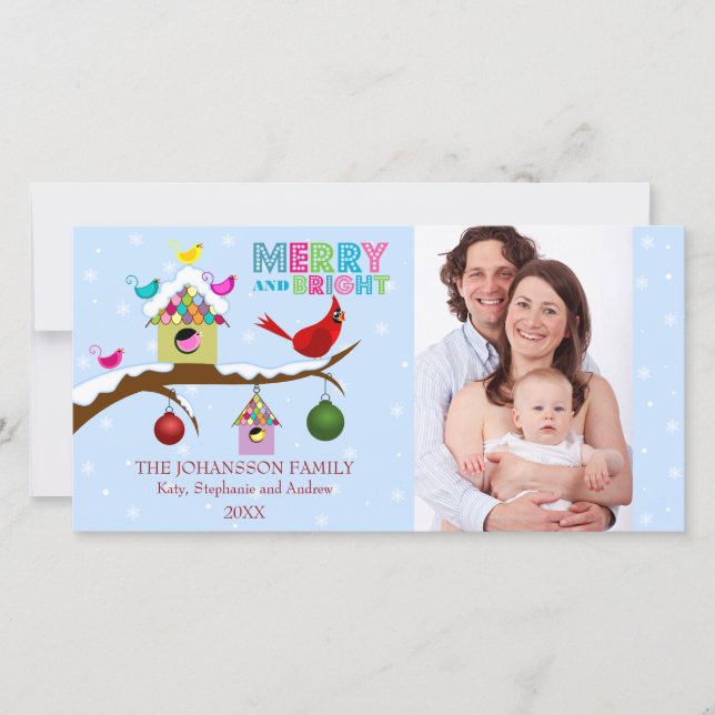 Whimsical Christmas Birds Photo Cards (Front)