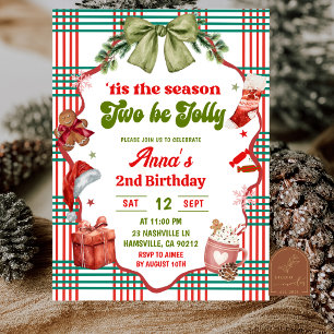 Whimsical Christmas Bow 2nd Birthday Invitation