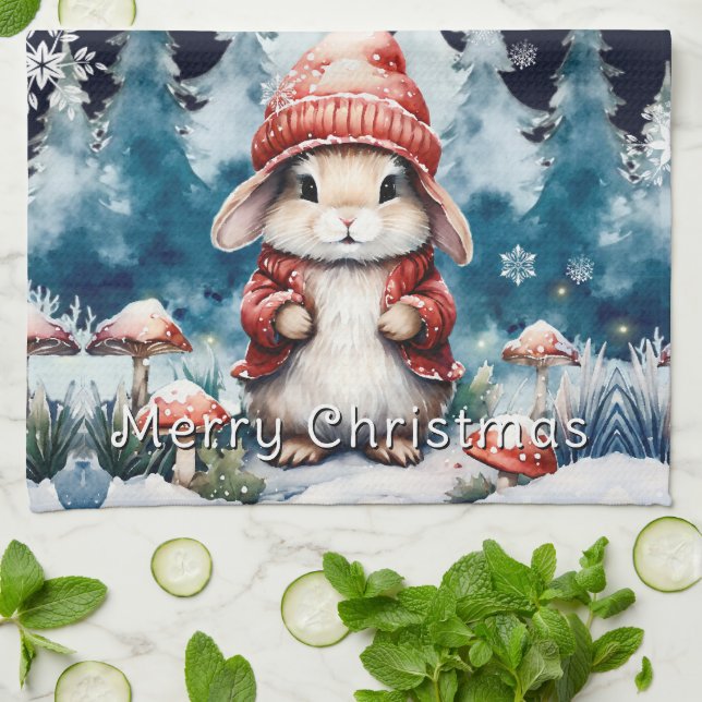 Whimsical Christmas Bunny Kitchen Towel (Folded)
