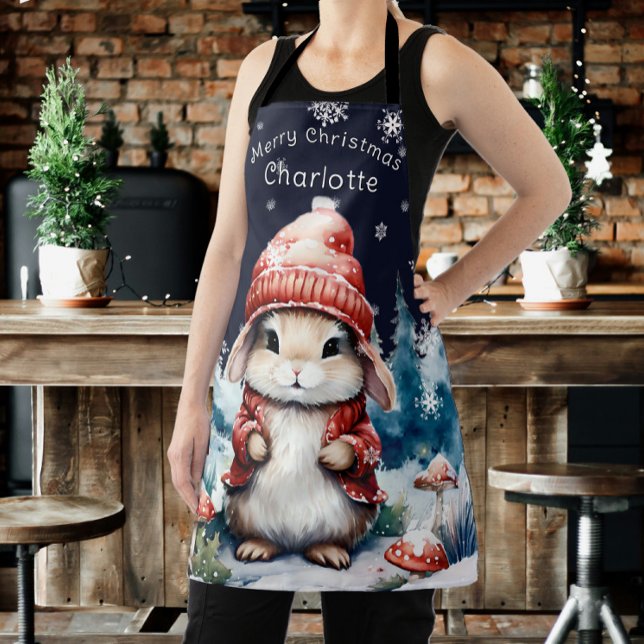 Whimsical Christmas Bunny Personalized Apron (Whimsical Christmas Bunny Personalized Apron)