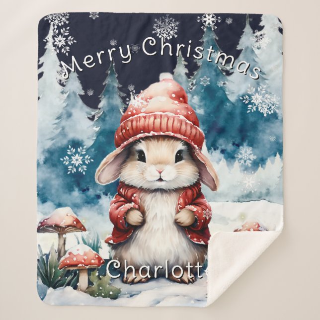 Whimsical Christmas Bunny Personalized Sherpa Blanket (Front)