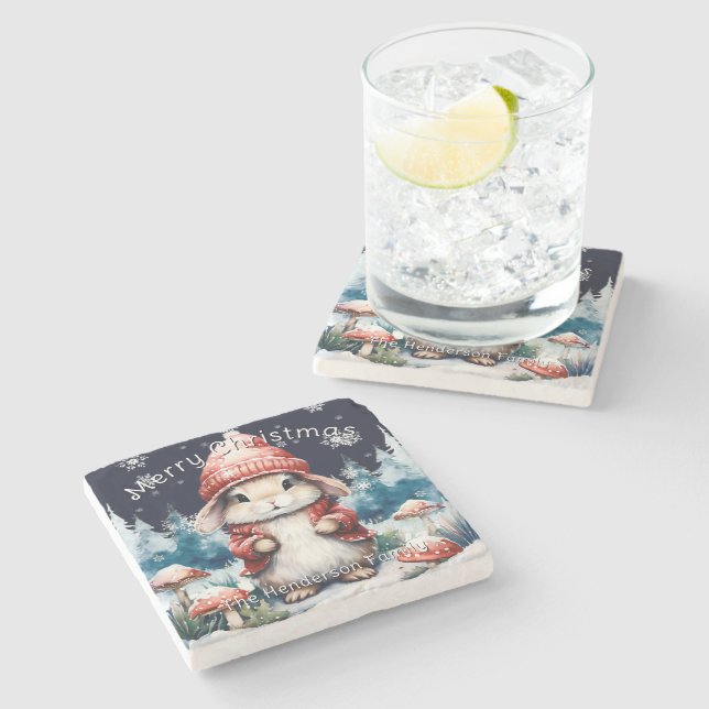 Whimsical Christmas Bunny Personalized Stone Coaster (Side)