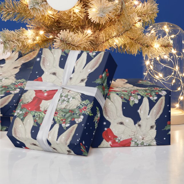 Whimsical Christmas Bunny Rabbits Snow Winter Blue Wrapping Paper (Holidays)