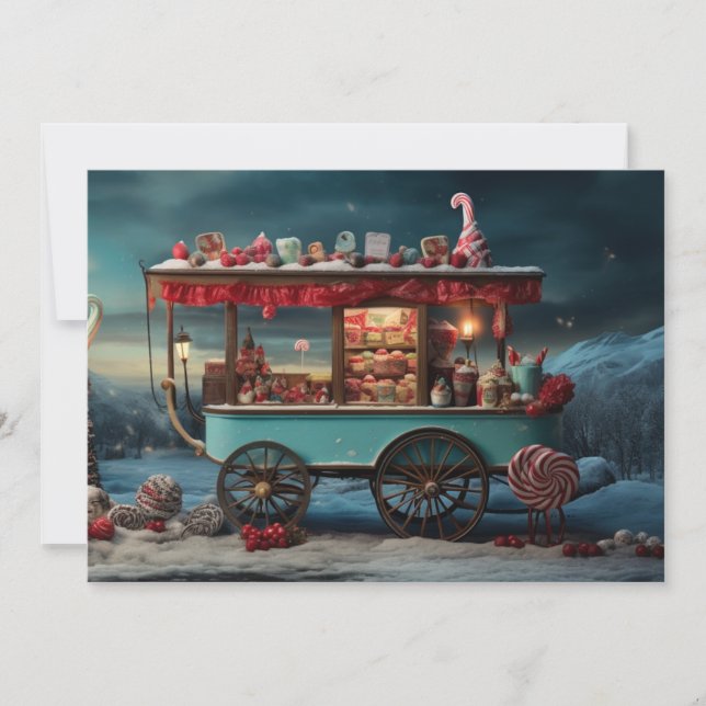 Whimsical Christmas Candy Cart 1  Holiday Card (Front)