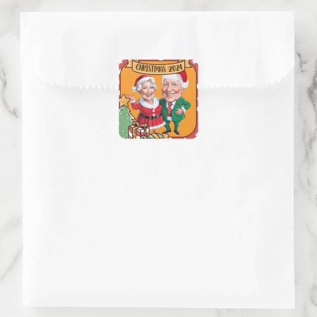 Whimsical Christmas caricature Design with Gifts a Square Sticker (Bag)