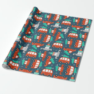 Whimsical Christmas Cars Trees Winter Snow Wrapping Paper