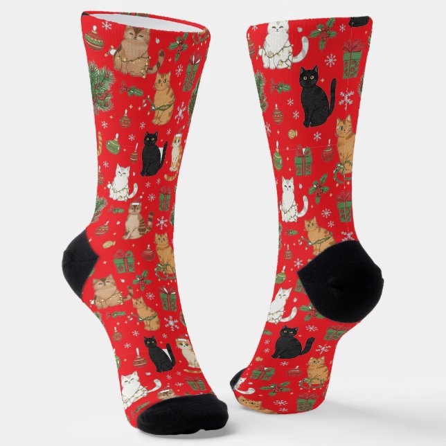 Whimsical Christmas Cat Pattern Socks  (Angled)