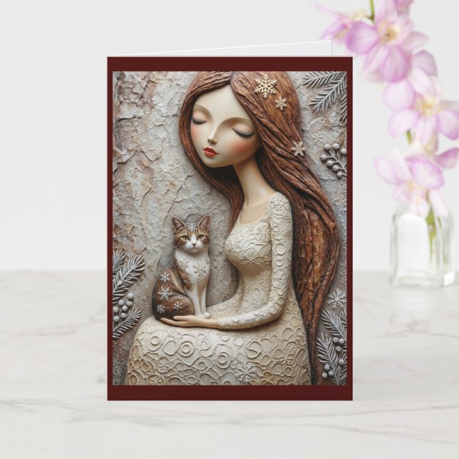 Whimsical Christmas Cat Winter Maiden Art Card (Orchid)