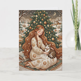 Whimsical Christmas Cat Winter Maiden Art Card