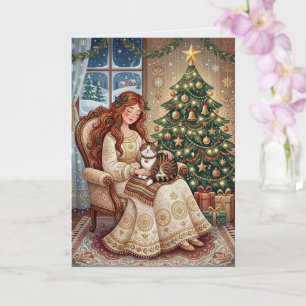 Whimsical Christmas Cat Winter Maiden Art Card