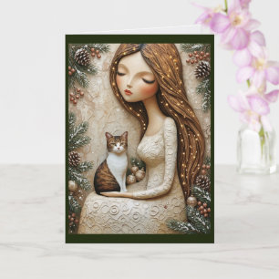 Whimsical Christmas Cat Winter Maiden Art Card