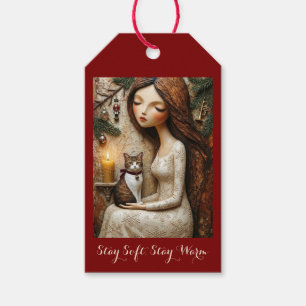 Whimsical Christmas Cat Winter Maiden Art Gift Tag